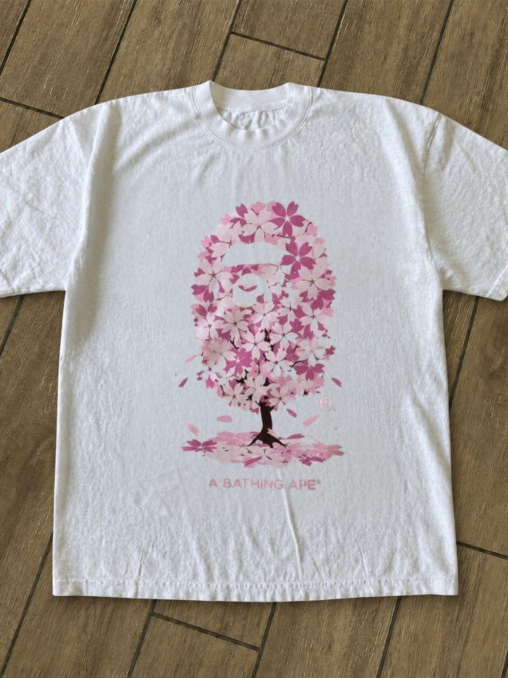 Gildan White Tee with Pink Cherry Blossom Ape Graphic